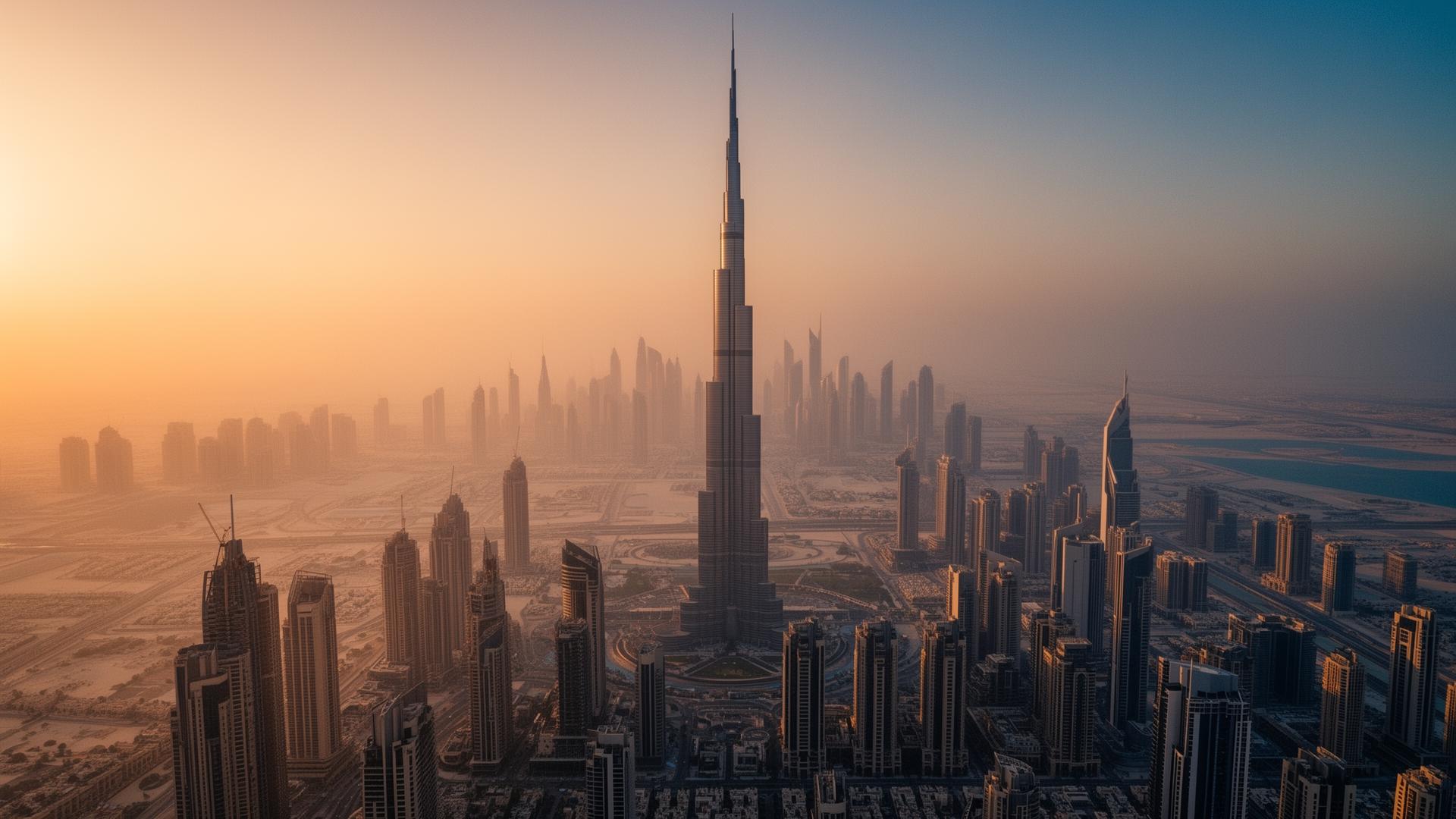 Dubai skyline at golden hour with the Burj Khalifa